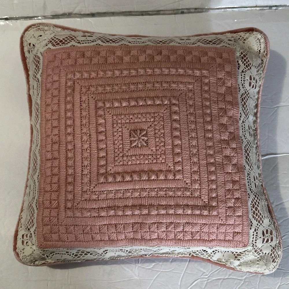 Pink Velvet Lace Handmade Stitched Vintage Cottagecore Pillow Shabby Chic